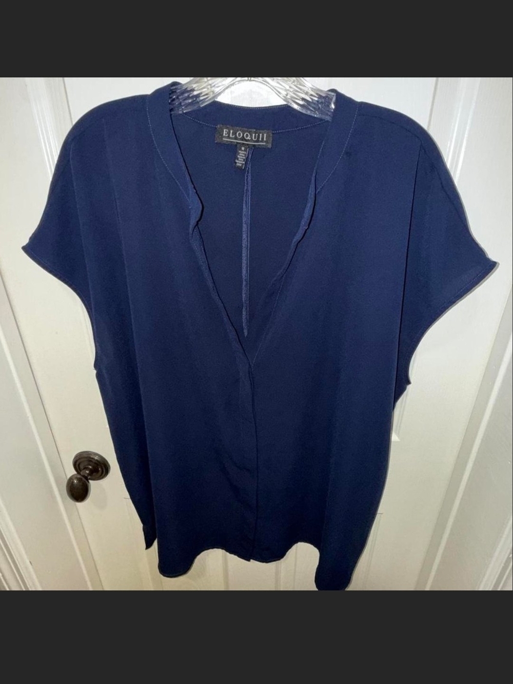 Eloquii Navy V-Slit Short Sleeve Blouse